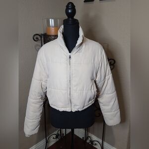 PrettyLittleThing Stone Peach Skin Cropped Puffer Jacket. Size 2